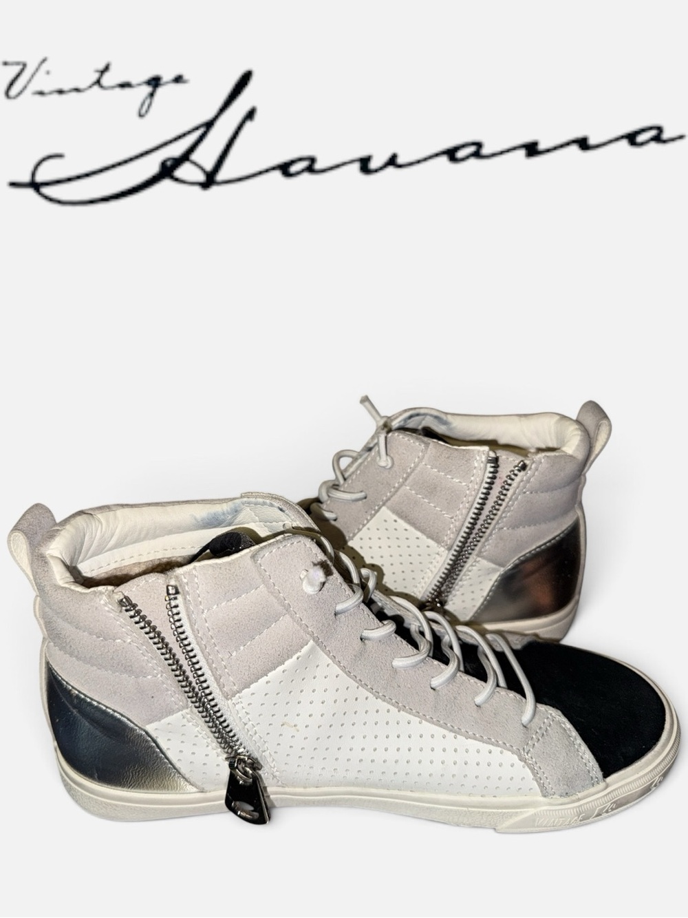 EUC Women’s Converse Vintage Havana White, Navy & Gray High-Top Sneakers